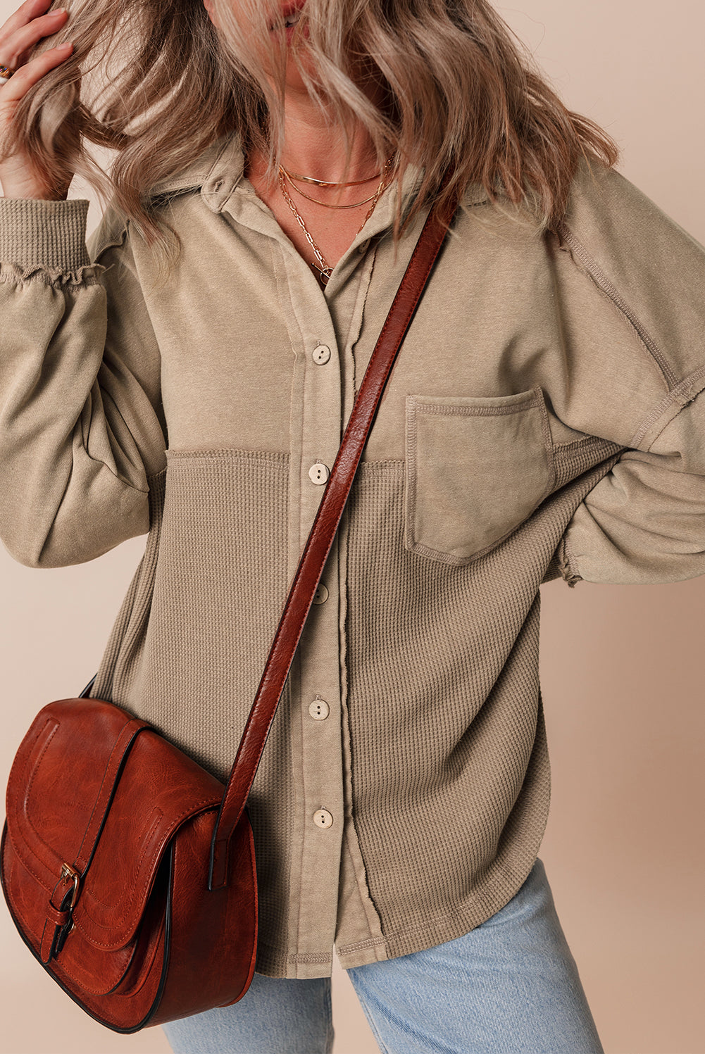 Mineral Wash Patchwork Loose Fit Shacket