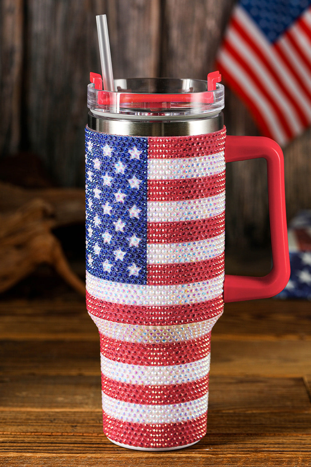 Rhinestone American Flag Print 40oz Tumbler