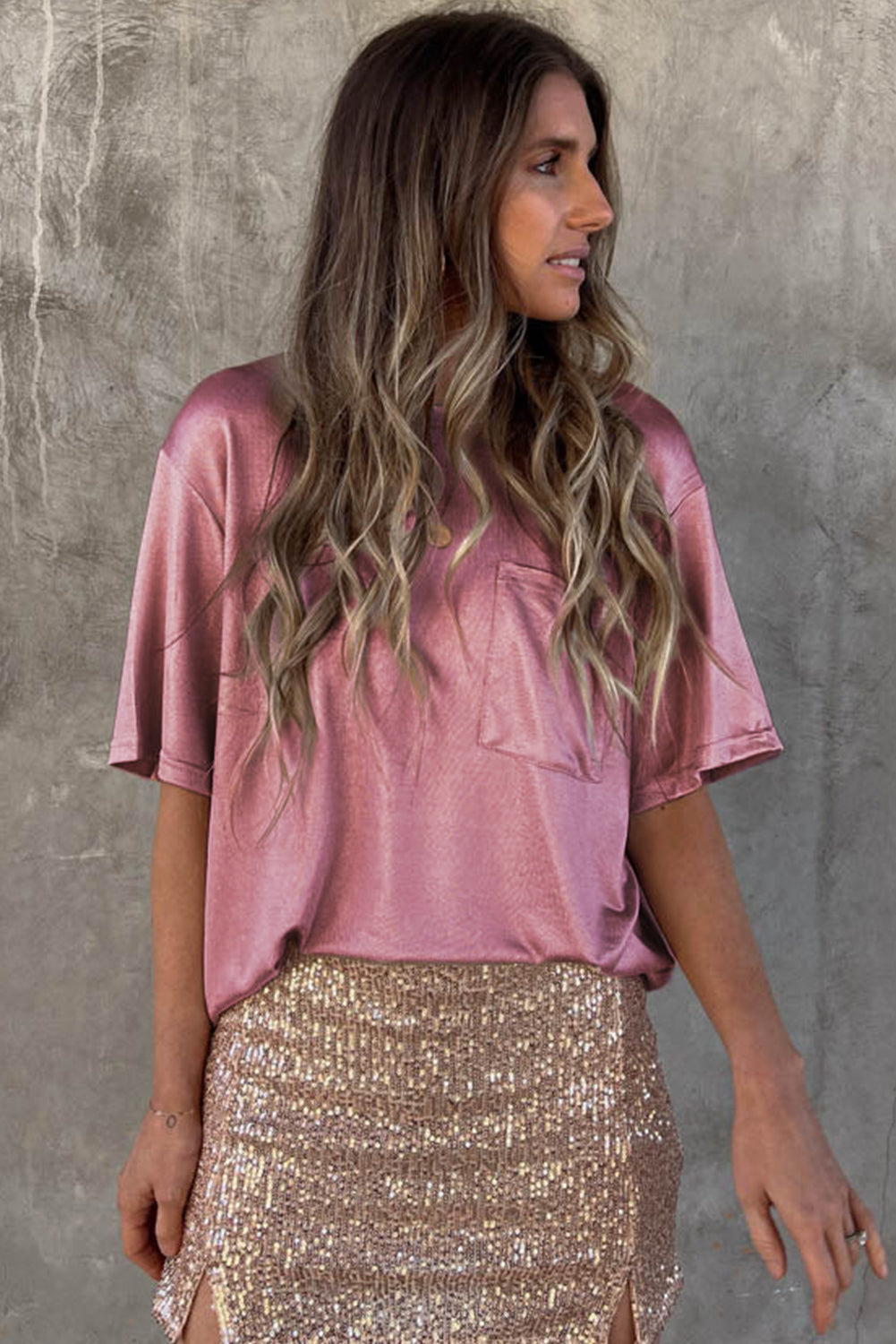 Pink Chest Pocket Loose T Shirt