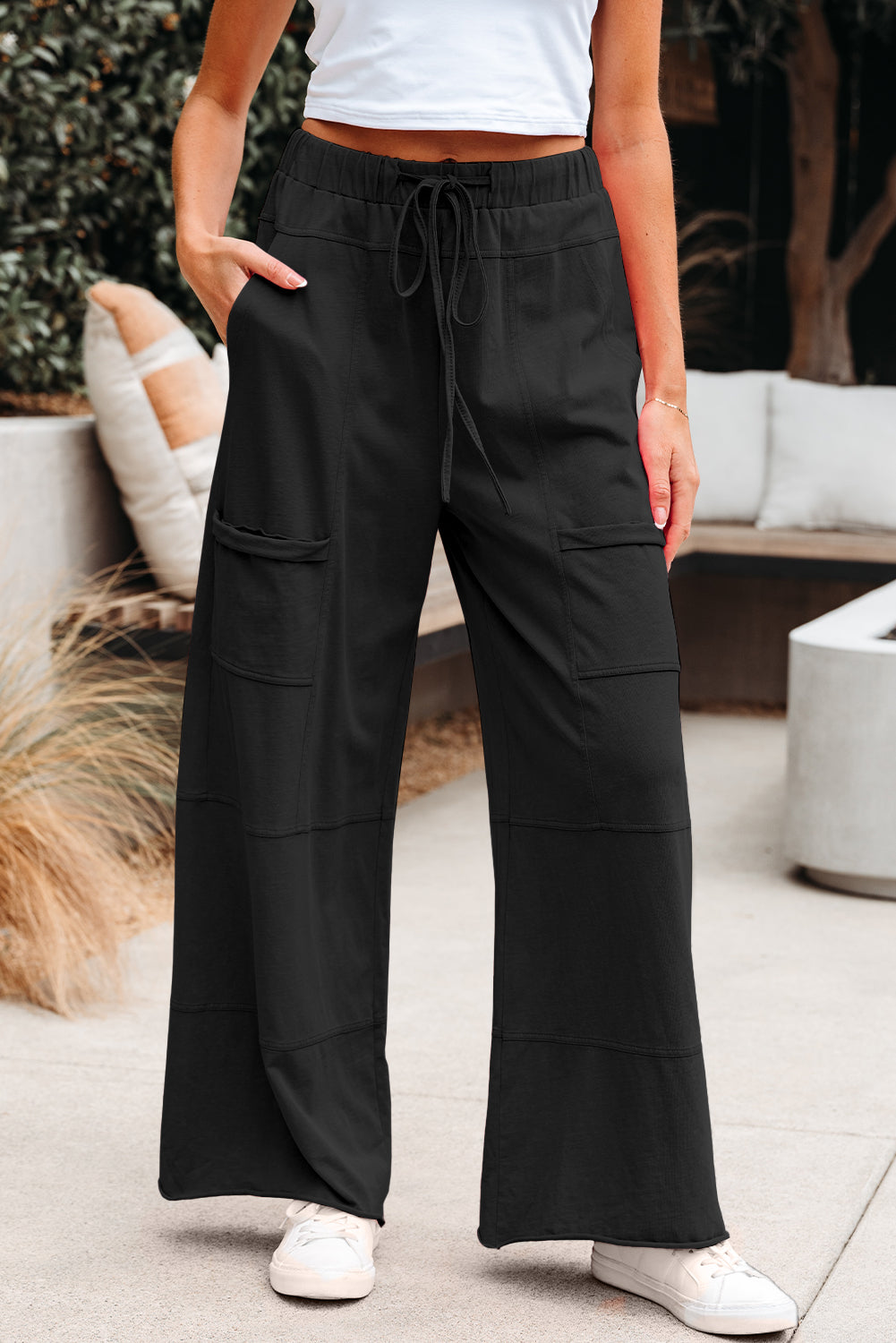 Black Mineral Wash Exposed Seam Wide Leg Cargo Pants