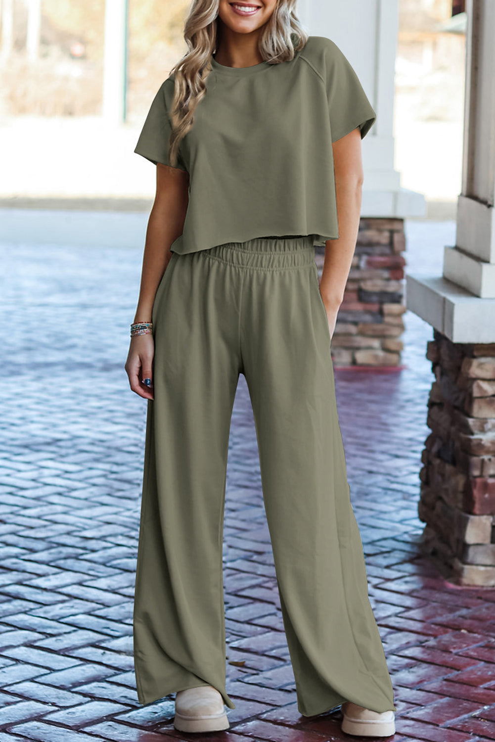 Seagrass Raw Hem Tee and Wide Leg Pants Set