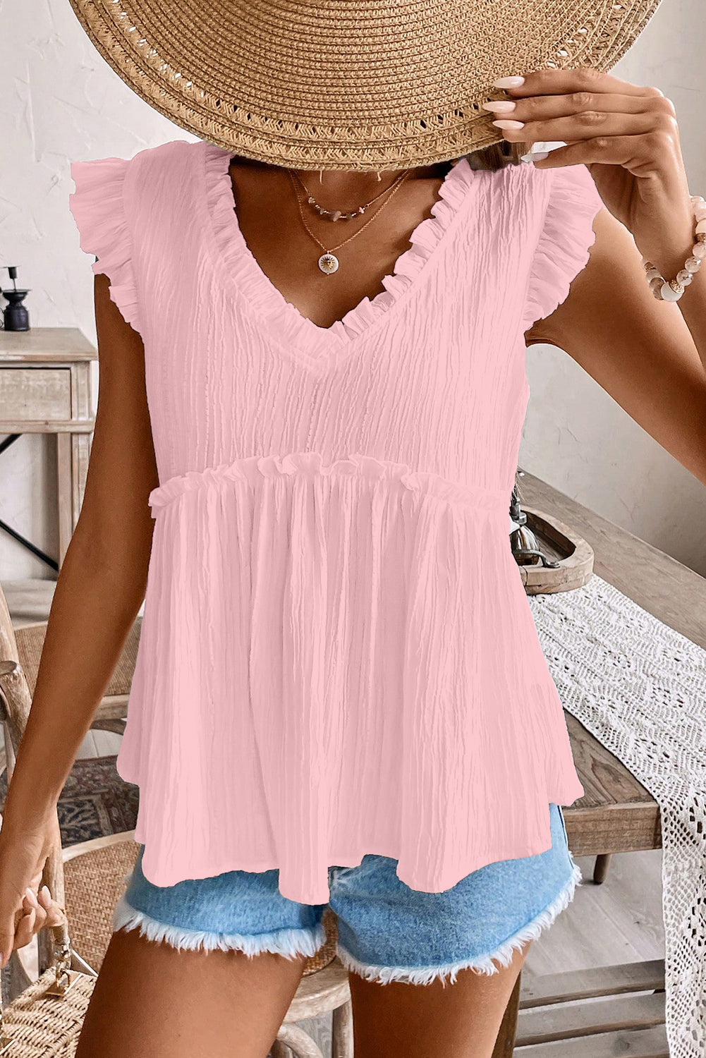 Light Pink Textured Trim V Neck Flowy Top