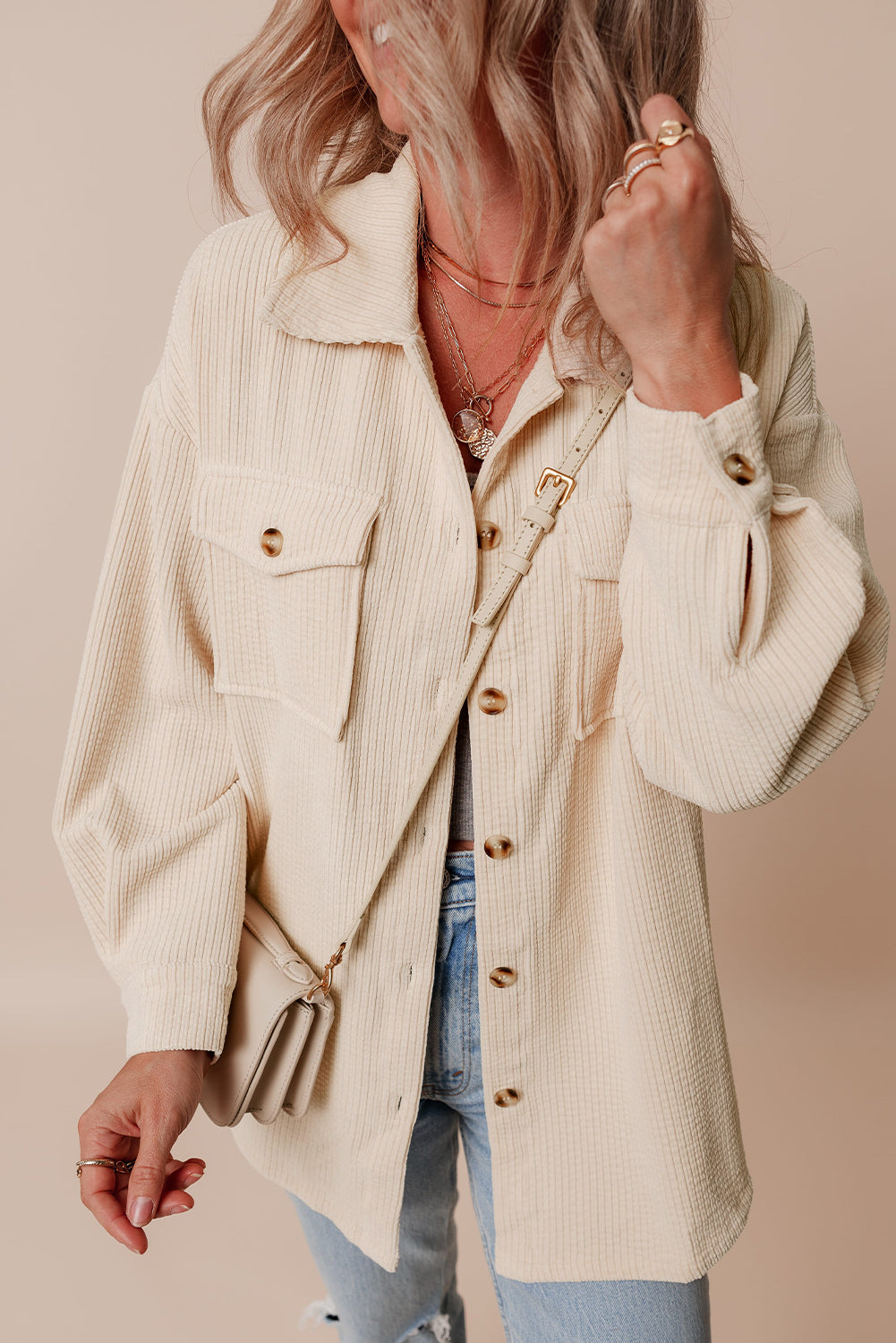 Cream Corduroy Button Up Shacket