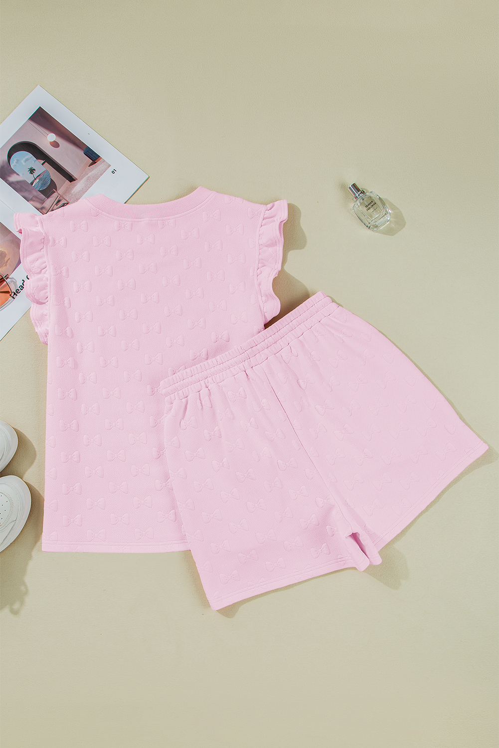 Pink Bow Ruffle Sleeve Short Set