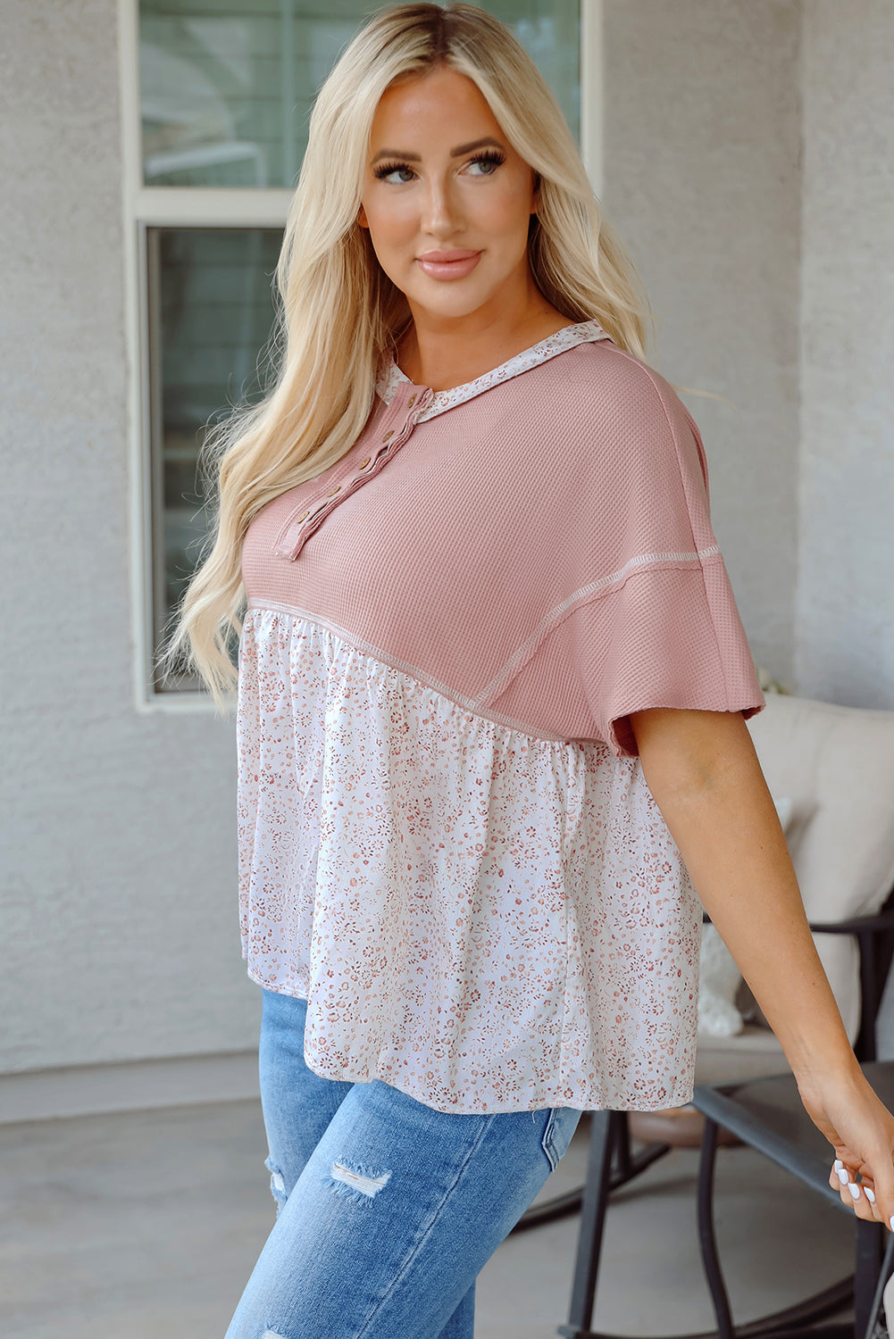 Pink Floral Patchwork Exposed Seam Short Sleeve Top