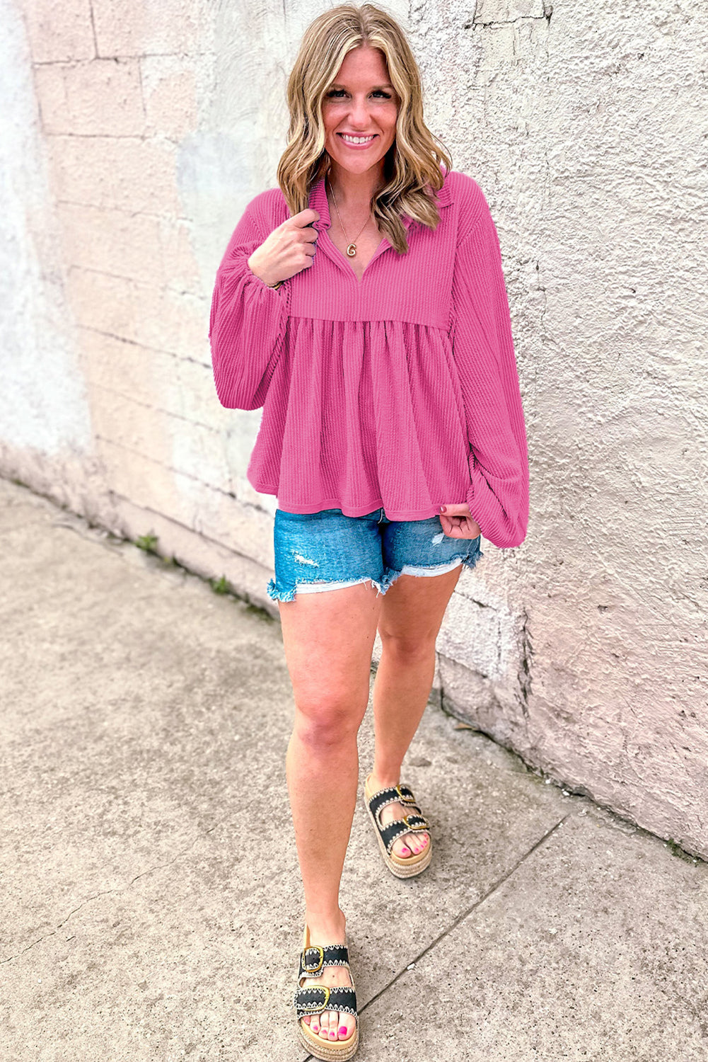 Bright Pink V Neck Bubble Sleeve Babydoll Blouse