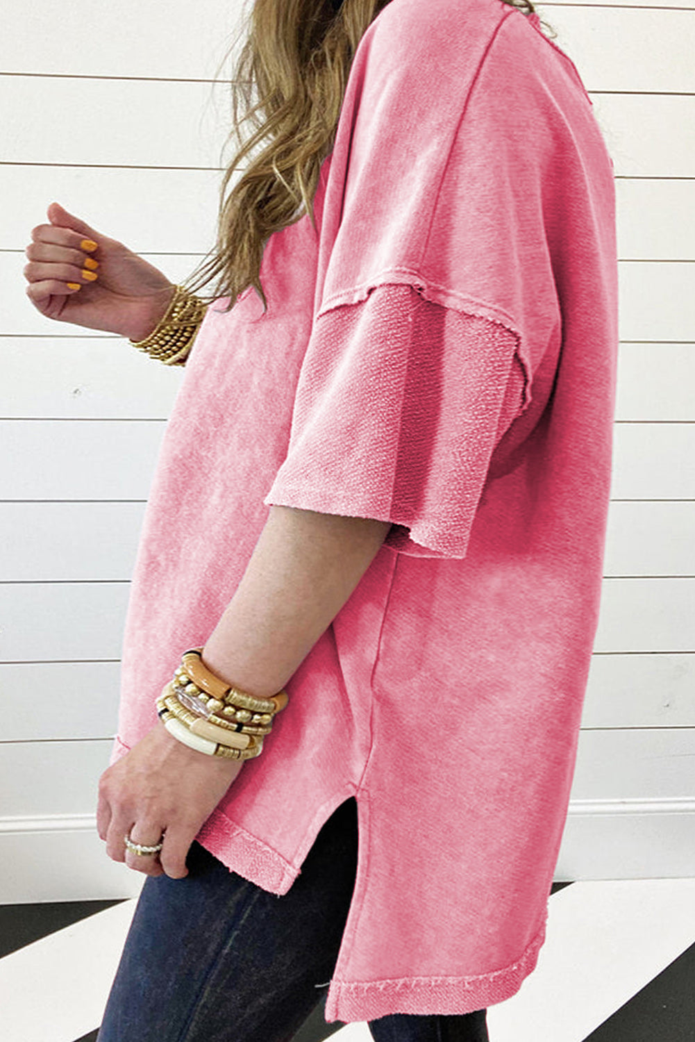 Strawberry Pink Mineral Wash Drop Sleeve Plus Size Tee