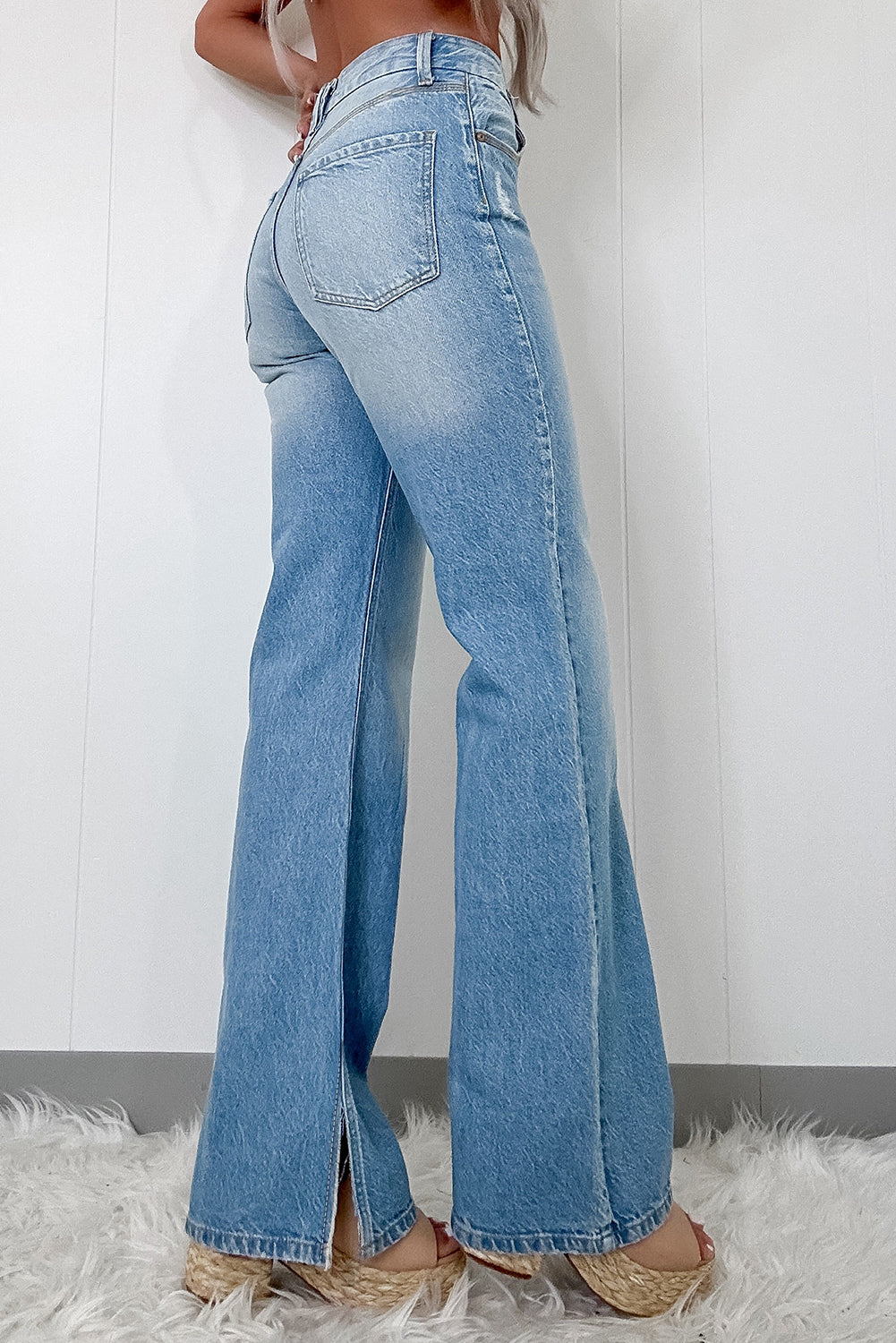 Medium Wash High Rise Slit Straight Leg Jeans