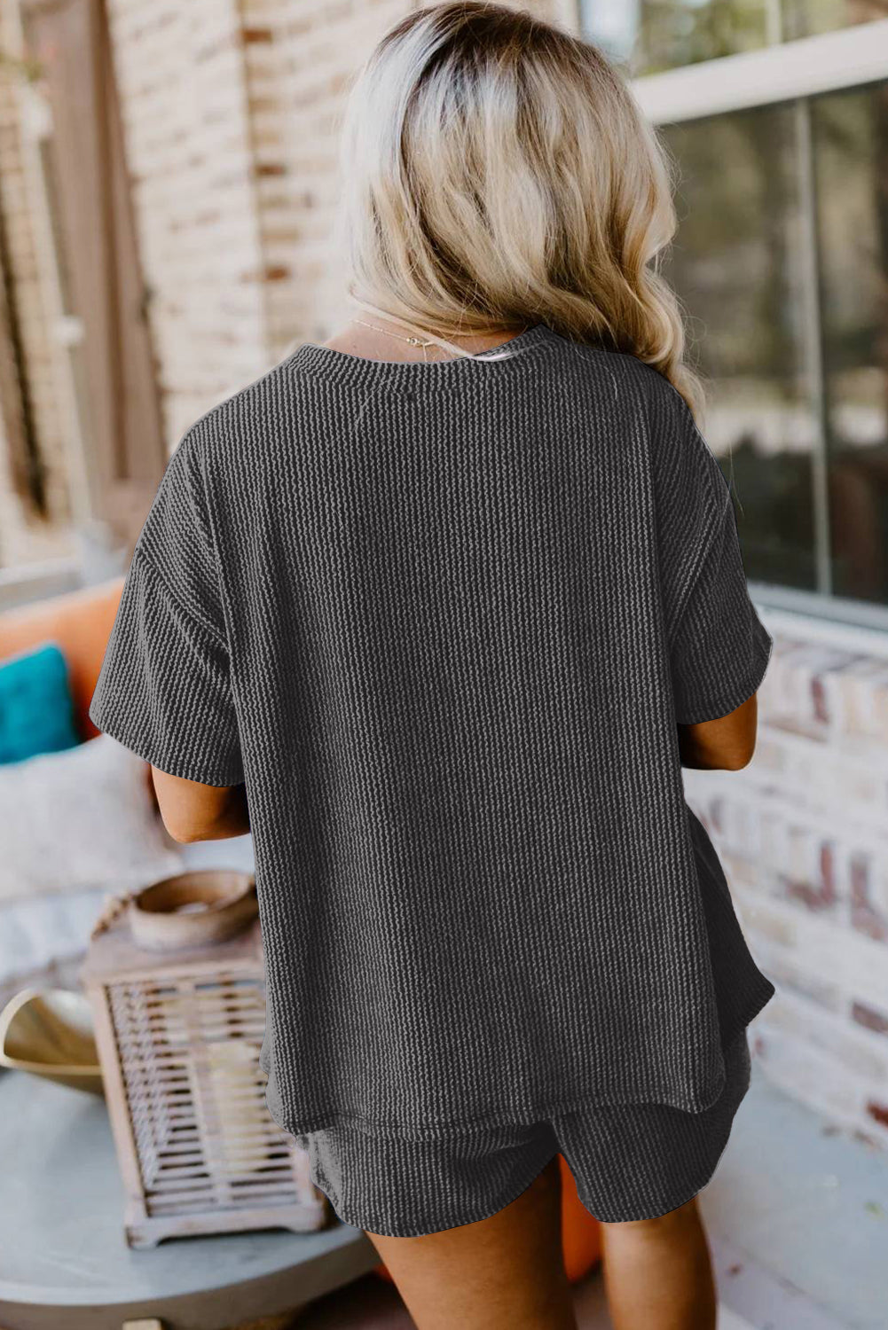 Carbon Grey Ribbed Knit Tee and Shorts Set