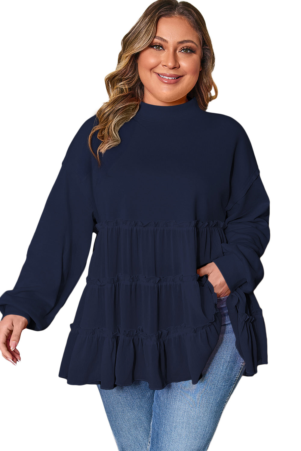 Navy Blue Tiered Ruffle Crew Neck Pullover Plus Size Top