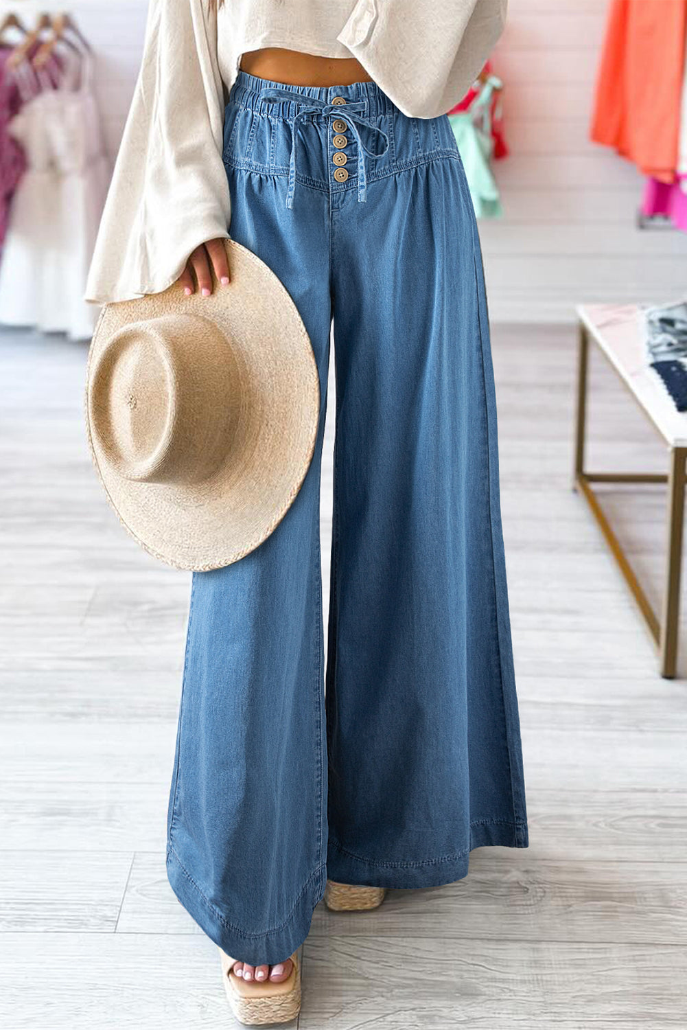 Fly Waist Mineral Wash Wide Leg Jeans