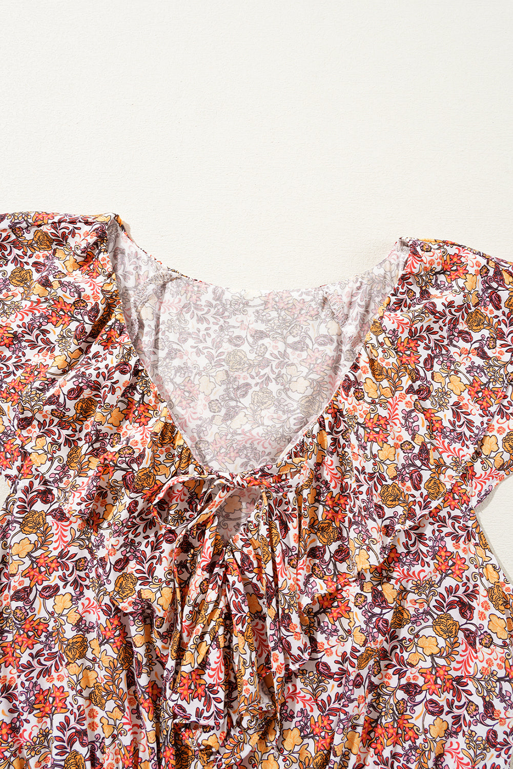 Orange Floral Print Knot Ruffled Sleeve Blouse