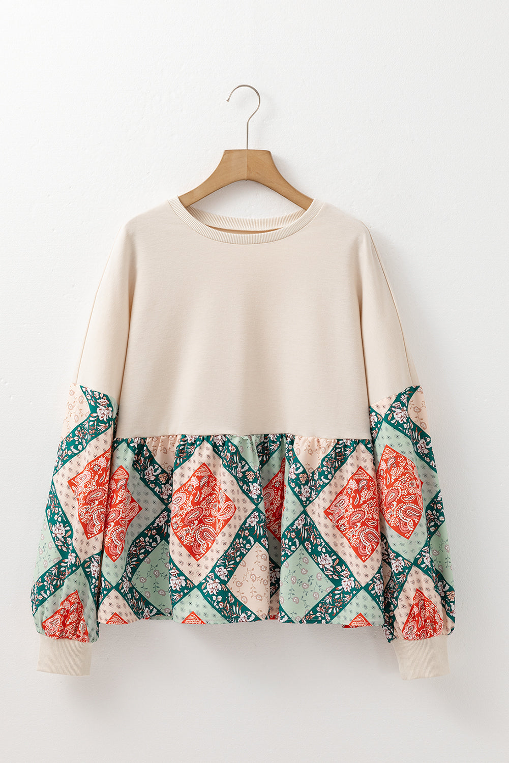 Paisley Print Geometric Patchwork Long Sleeve Top