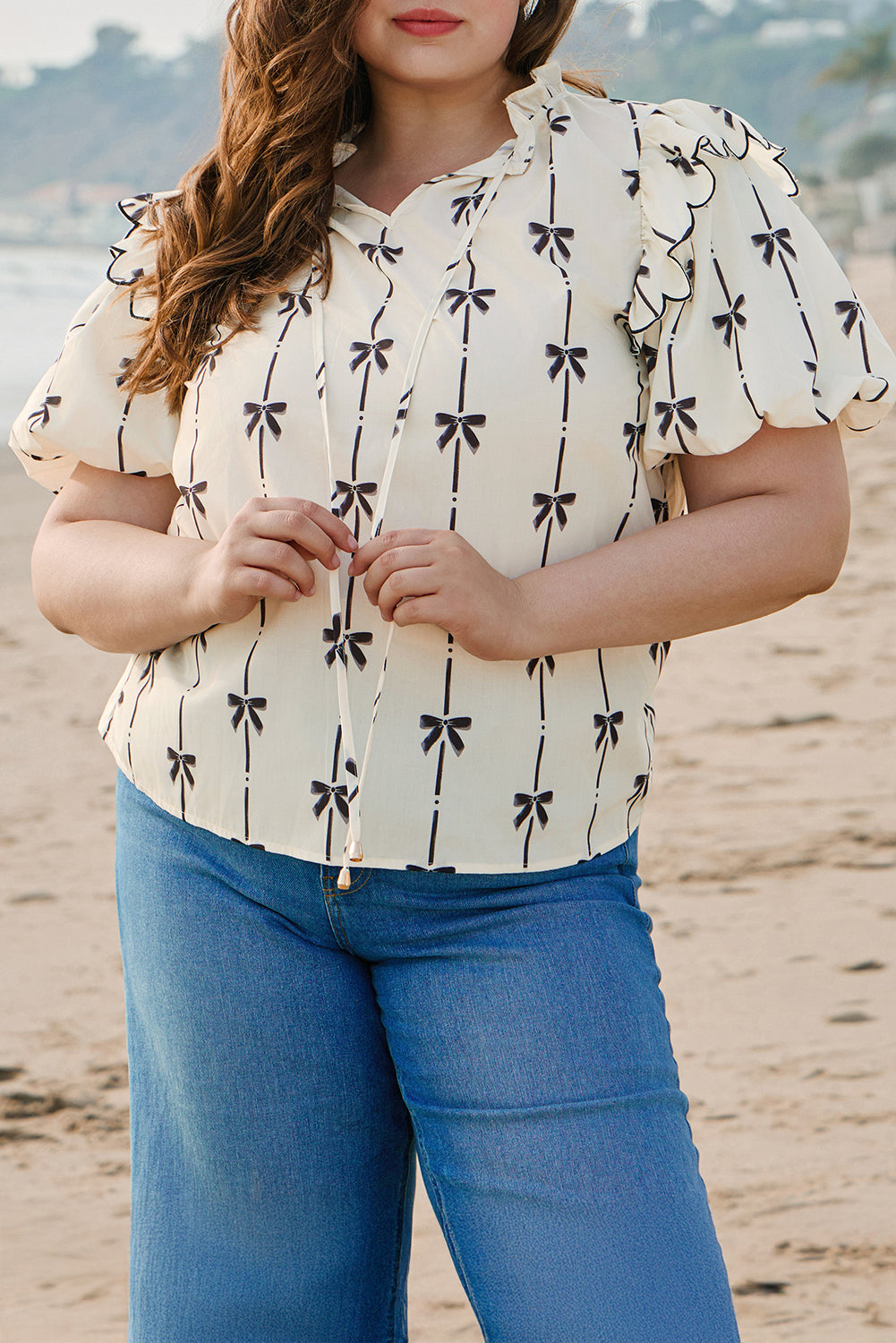 Apricot Bow Printed Bubble Sleeve Plus Size Blouse