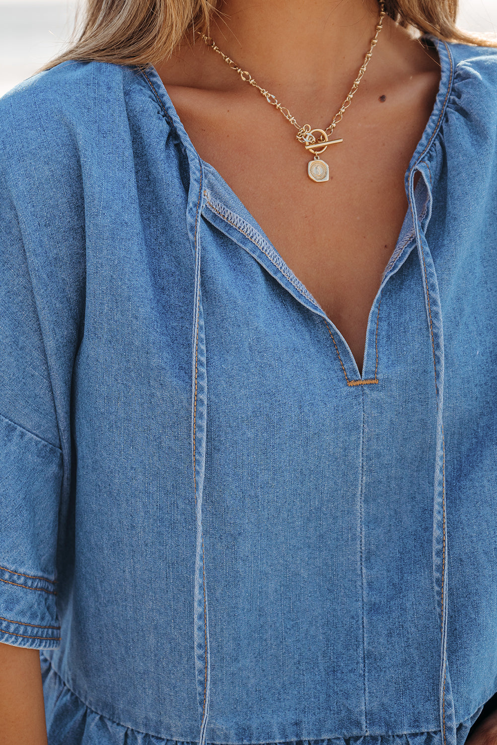 Blue Denim Ruffled Sleeve Tie Front Top