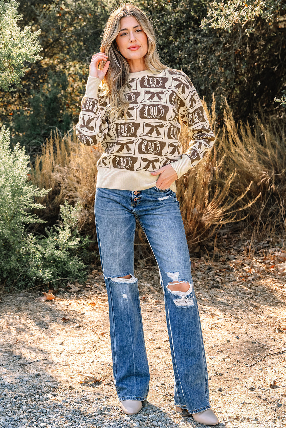 Brown Bows & Horseshoes Western Print Sweater