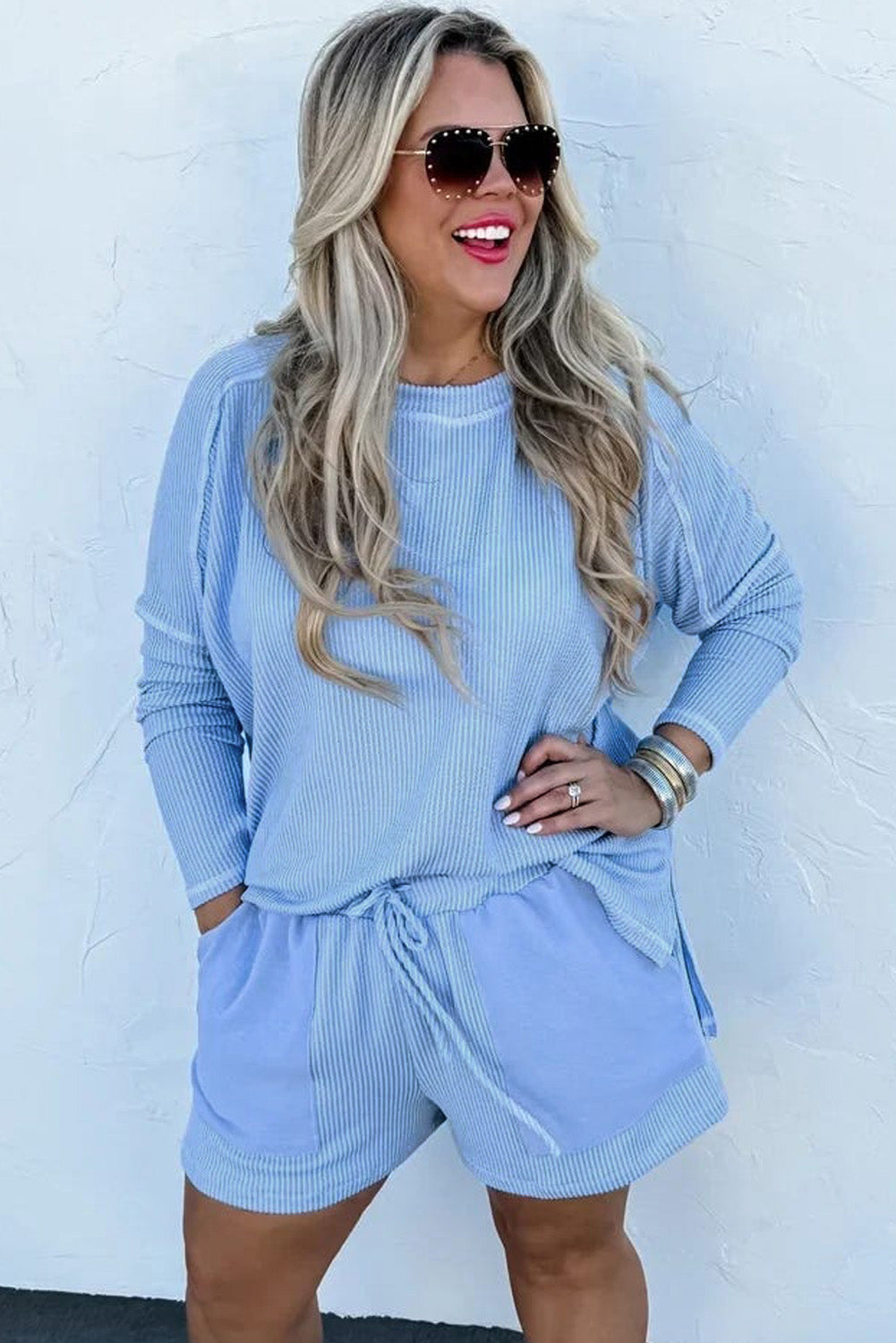 Light Blue Plus Size Ribbed Long Sleeve Top and Shorts Set