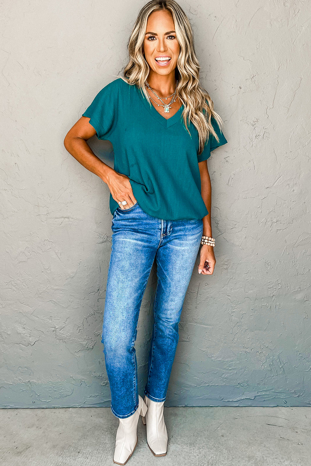 Blue V Neck Wide Sleeve T-shirt