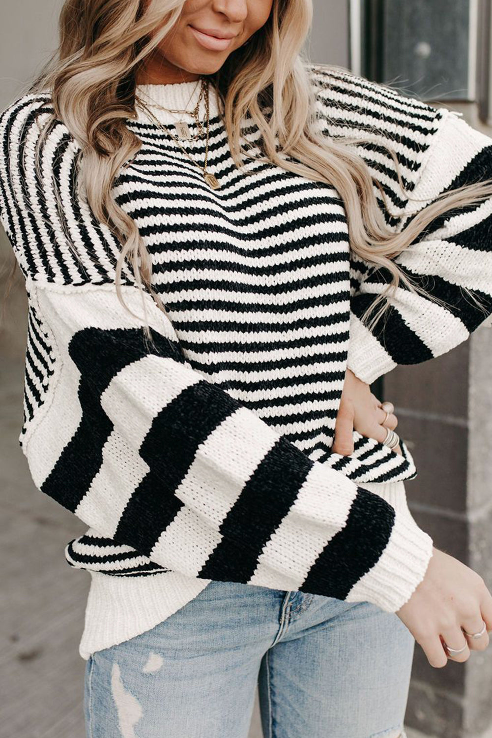 Black & White Striped Sleeve Knit Sweater