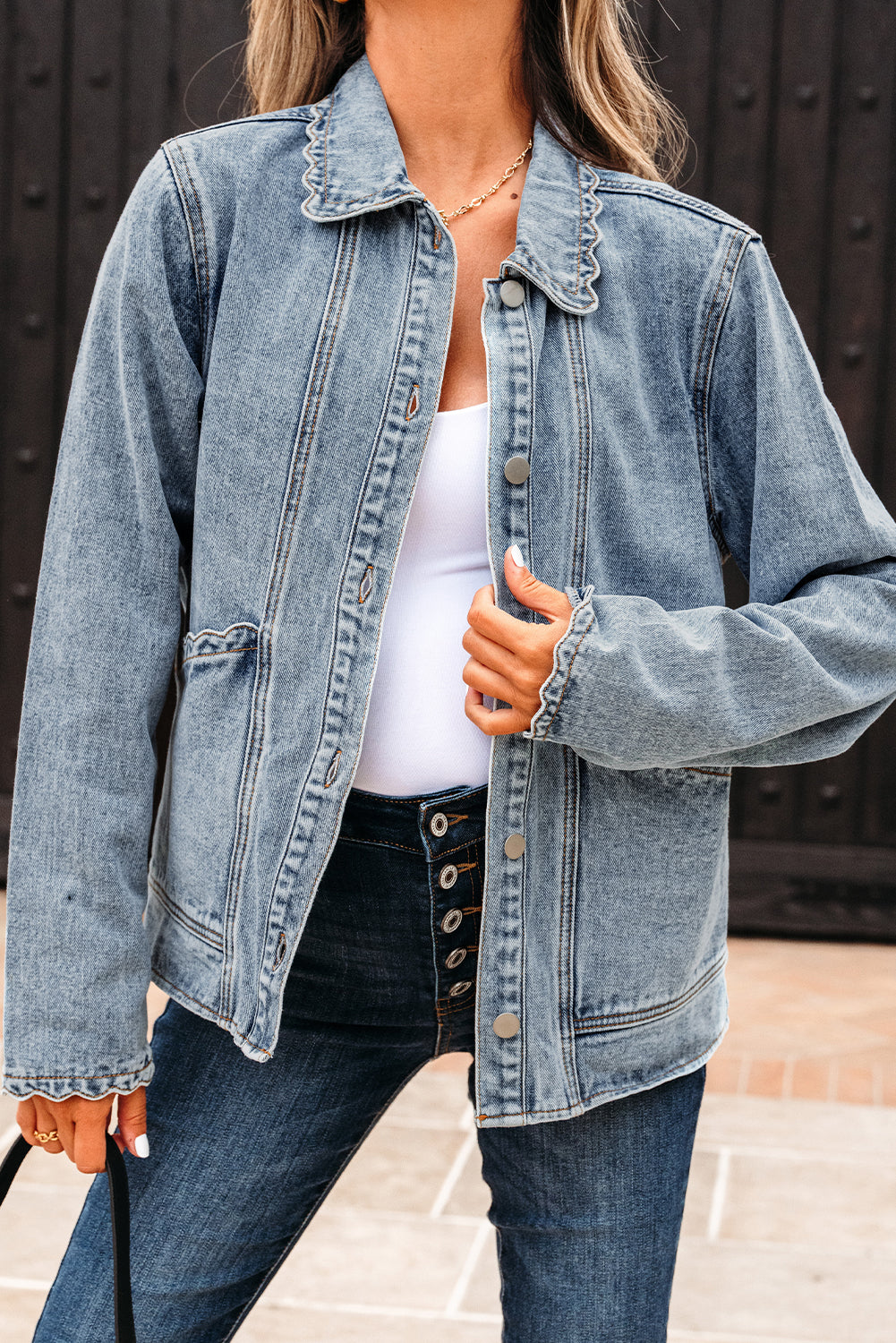 Light Wash Scallop Trim Button Up Denim Jacket