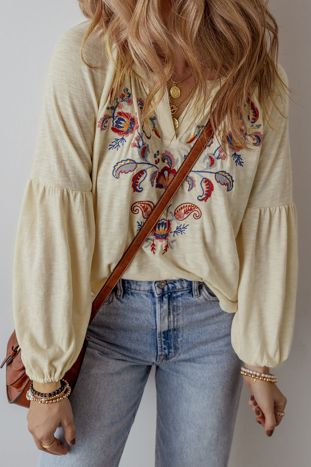 Apricot Paisley Floral Embroidered V Neck Blouse
