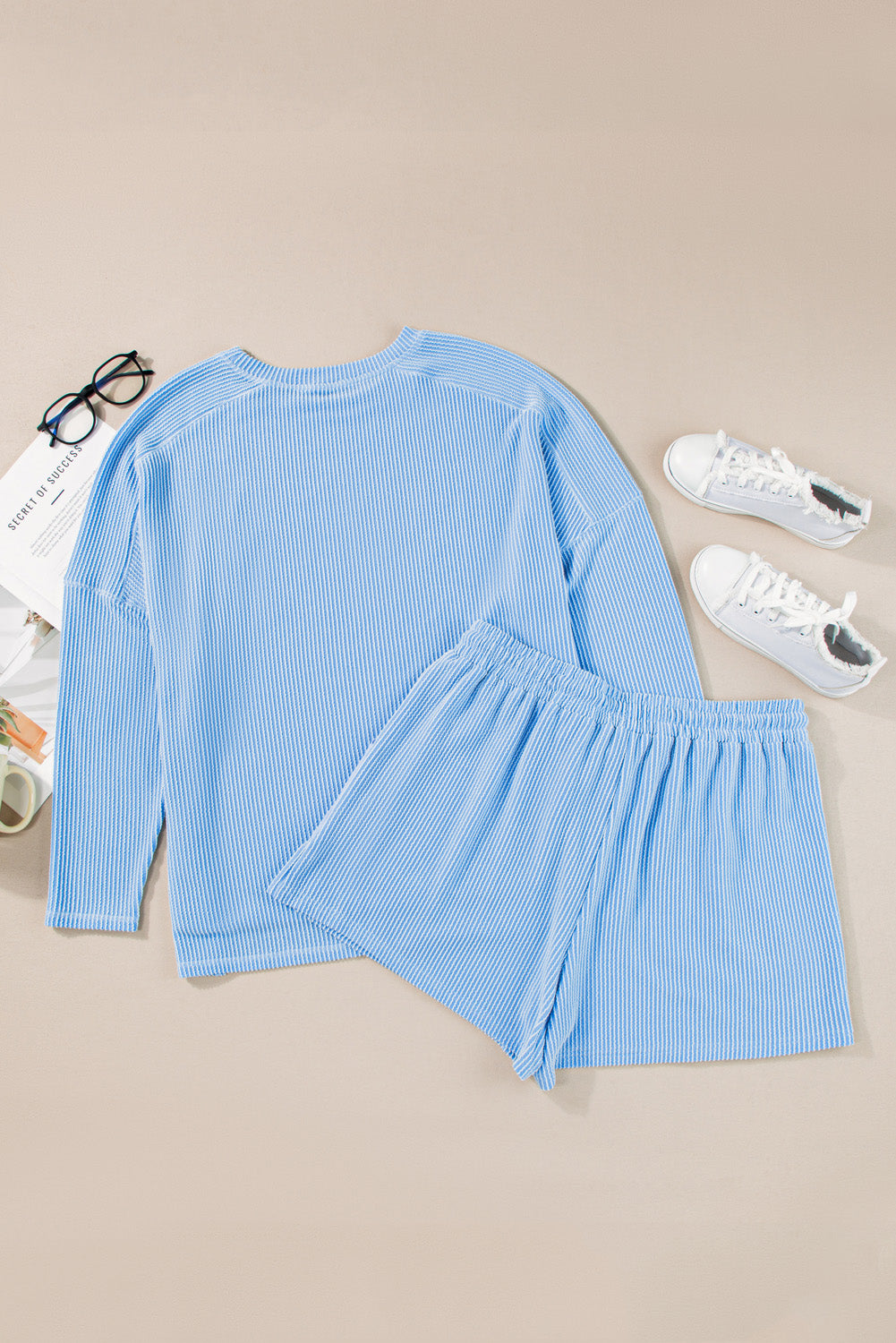 Light Blue Plus Size Ribbed Long Sleeve Top and Shorts Set