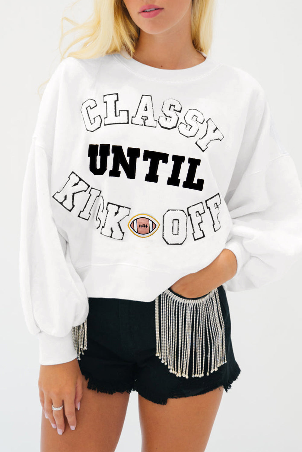 White ‘CLASSY UNTIL KICKOFF’ Patched Sweatshirt