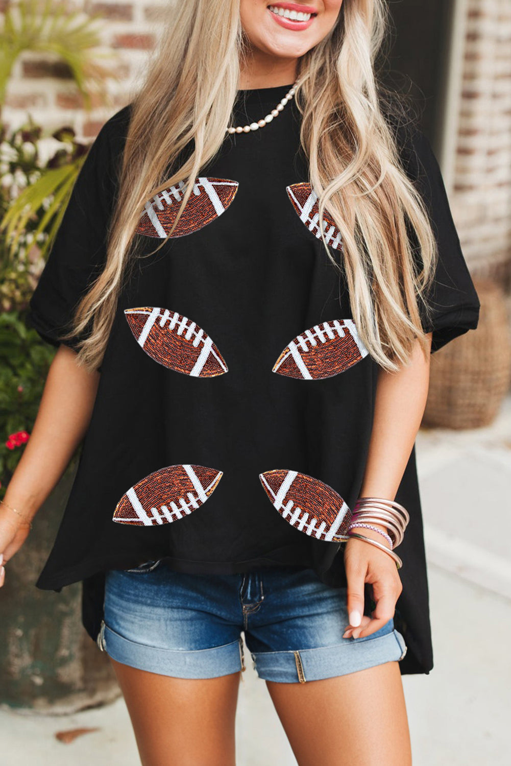 Black Sequin Football Crewneck T Shirt