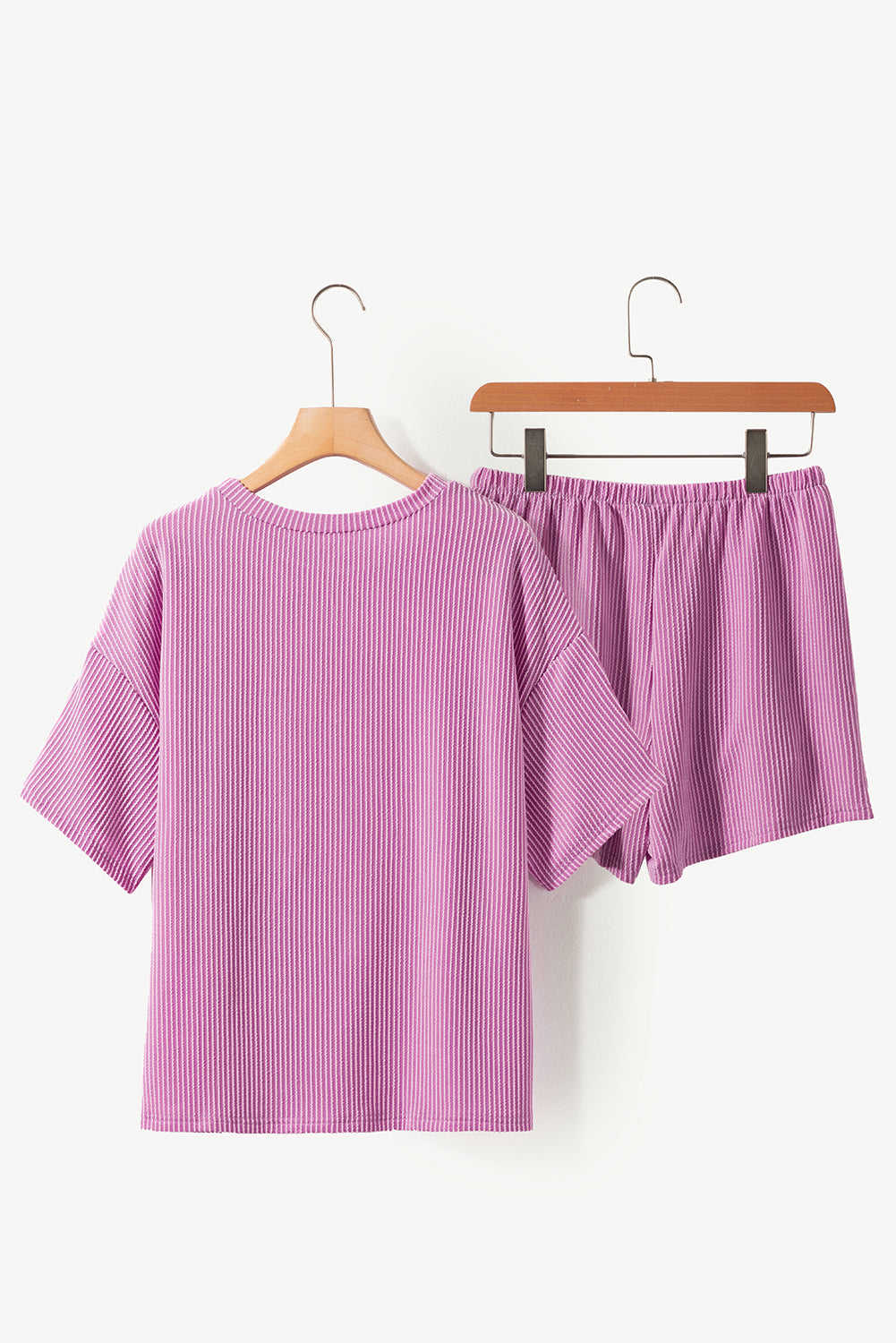 Pink Ribbed Textured Knit Tee and Shorts Set
