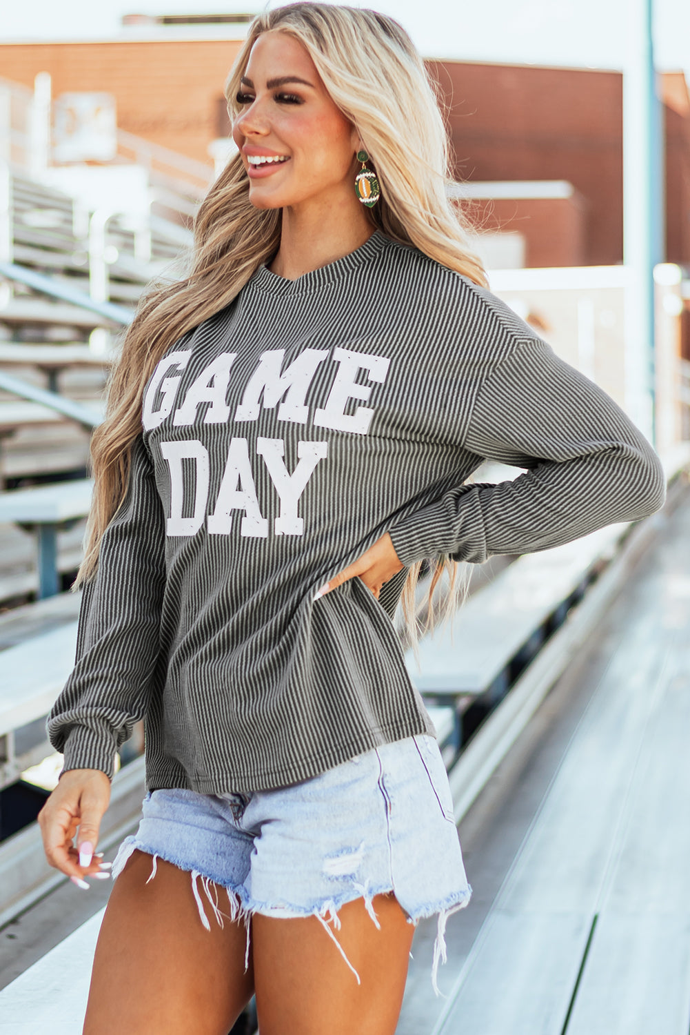 Dark Grey Corded ‘GAME DAY’ Long Sleeve Crewneck Top
