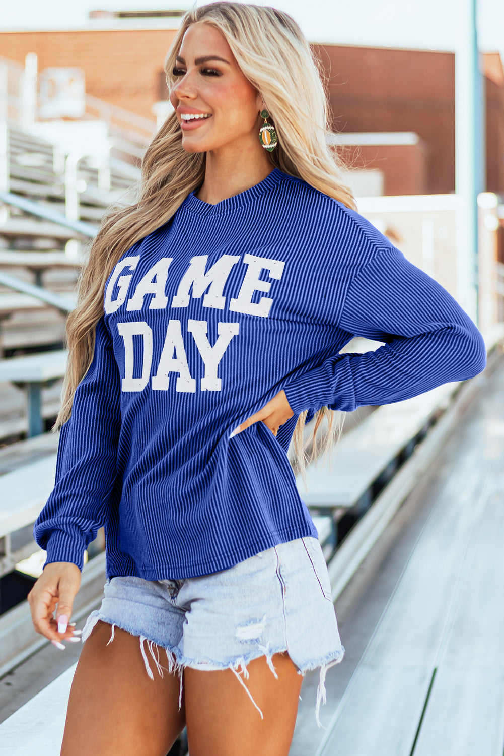 Blue Corded ‘GAME DAY’ Graphic Long Sleeve Top
