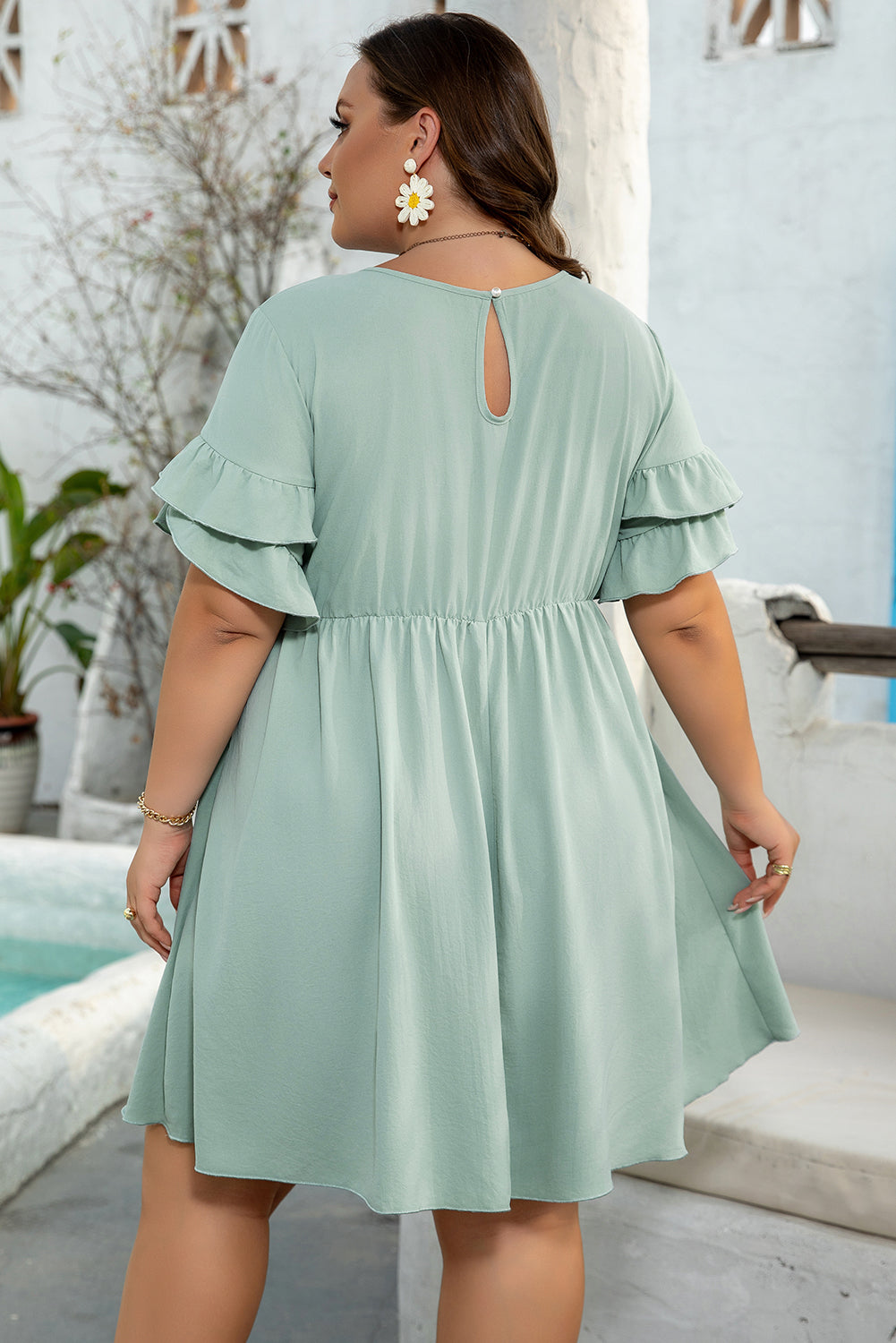 Sage Ruffle Trim Short Sleeve Plus Size Mini Dress