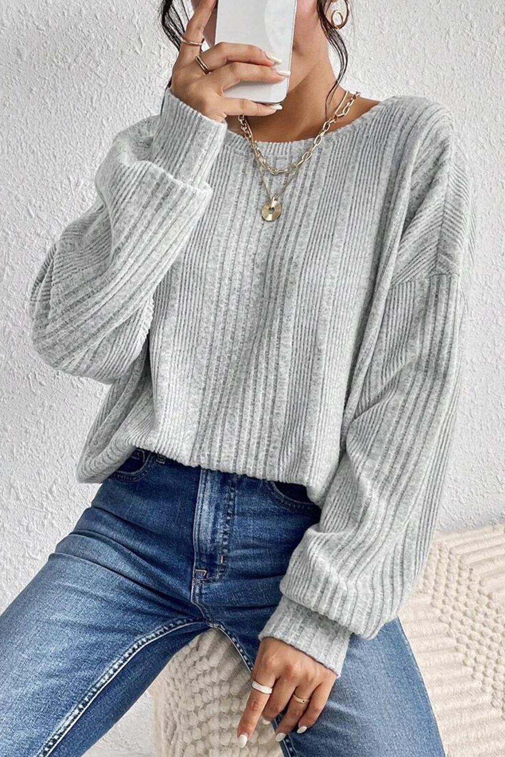 Light Grey Crossover Knit Long Sleeve Top