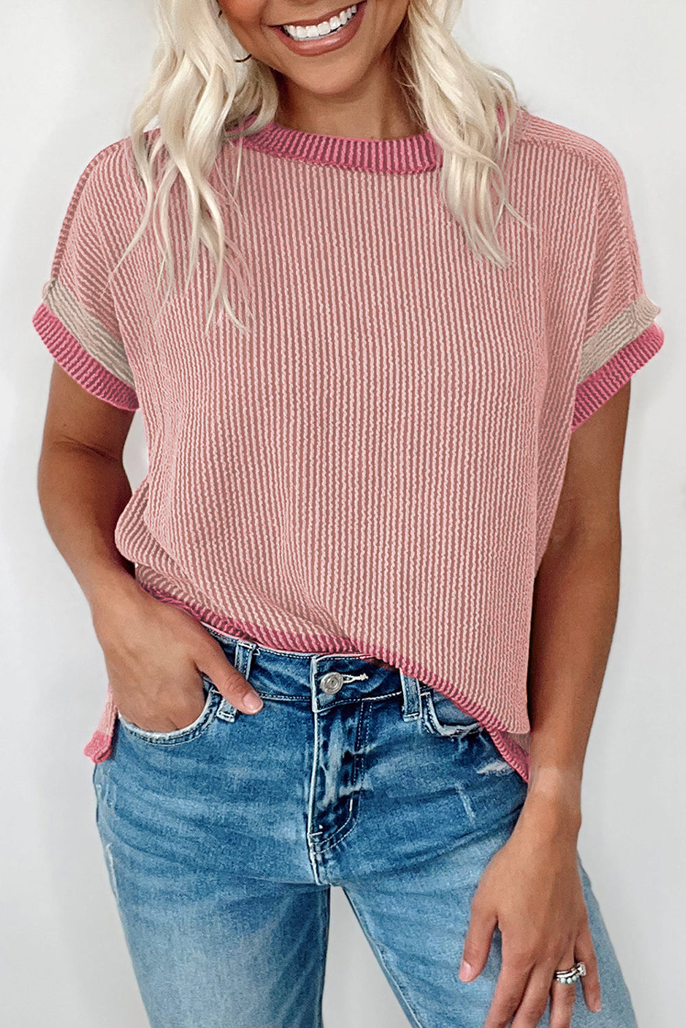 Light Pink Textured Contrast Trim T Shirt