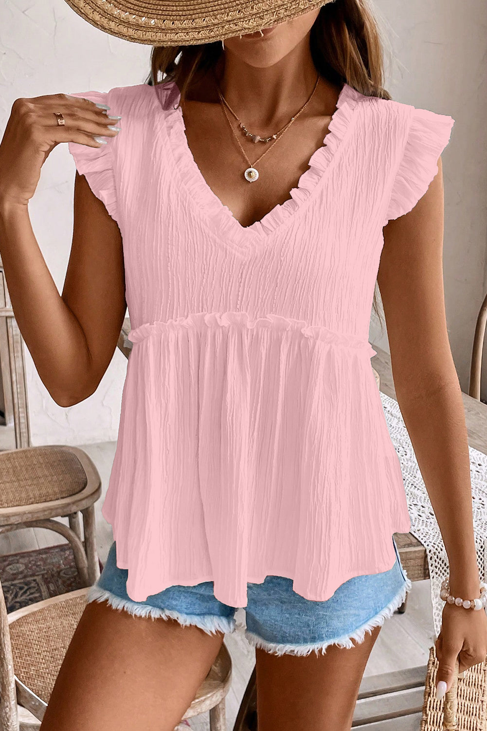Light Pink Textured Trim V Neck Flowy Top