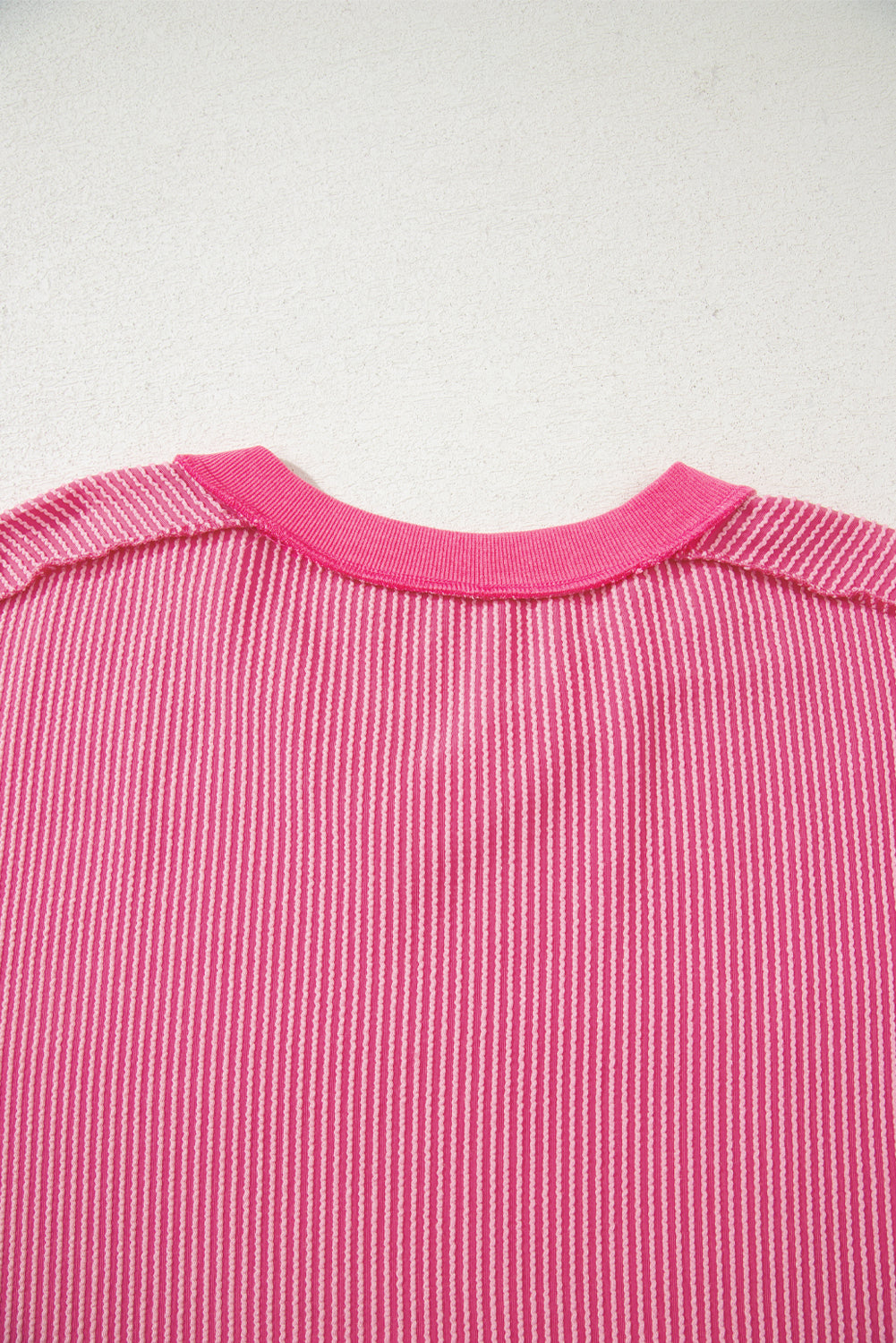 Rose Red Ribbed Knit V Neck Casual Tee