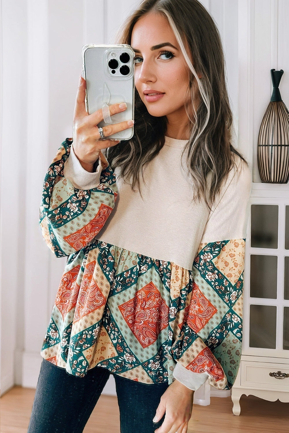 Paisley Print Geometric Patchwork Long Sleeve Top