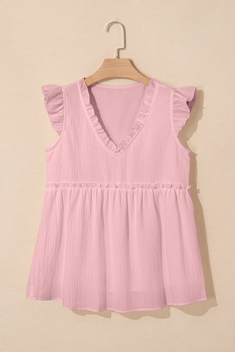 Light Pink Textured Trim V Neck Flowy Top