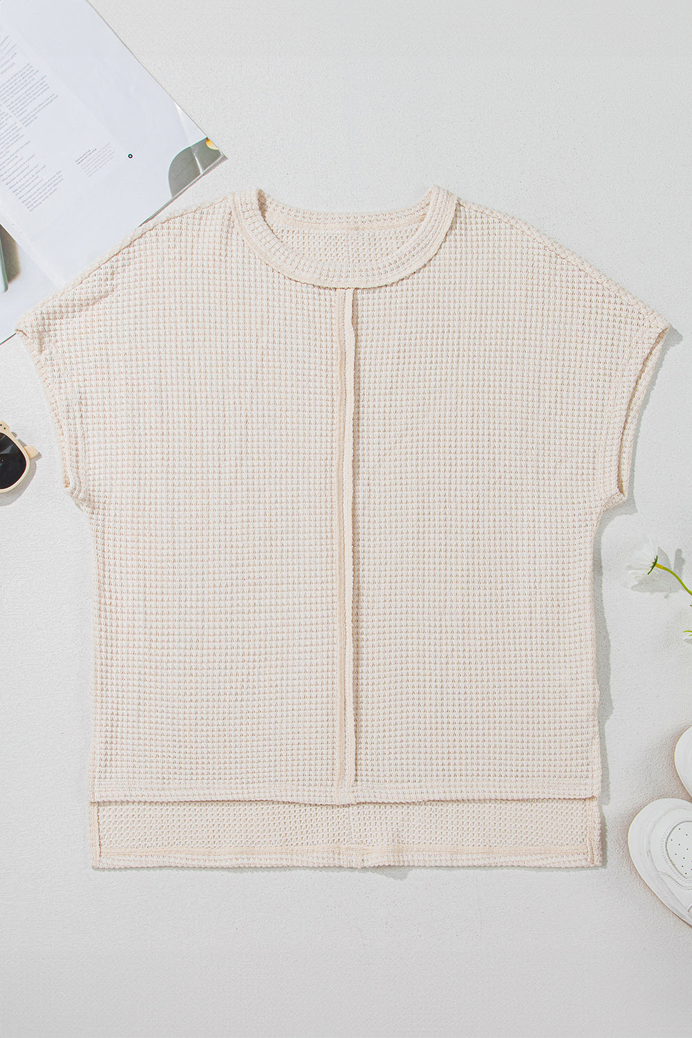 Khaki Textured Seamed Short Sleeve Top