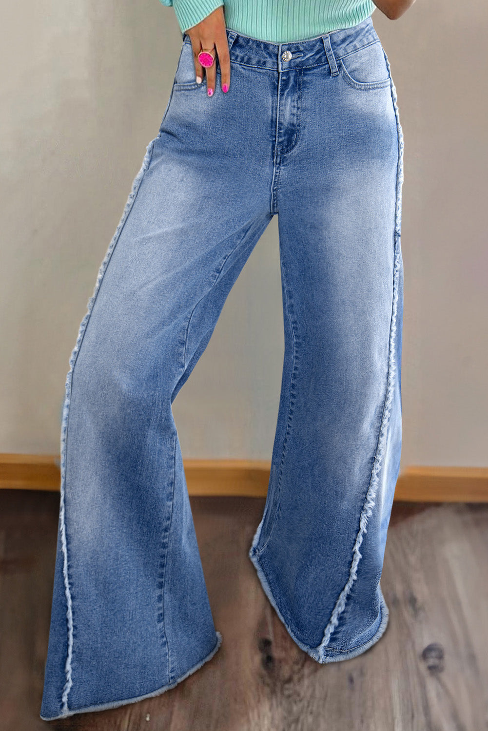 ‘Heather’ Blue Vintage Stitching Raw Hem Flared Jeans