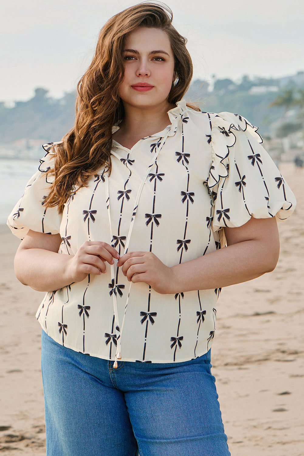 Apricot Bow Printed Bubble Sleeve Plus Size Blouse