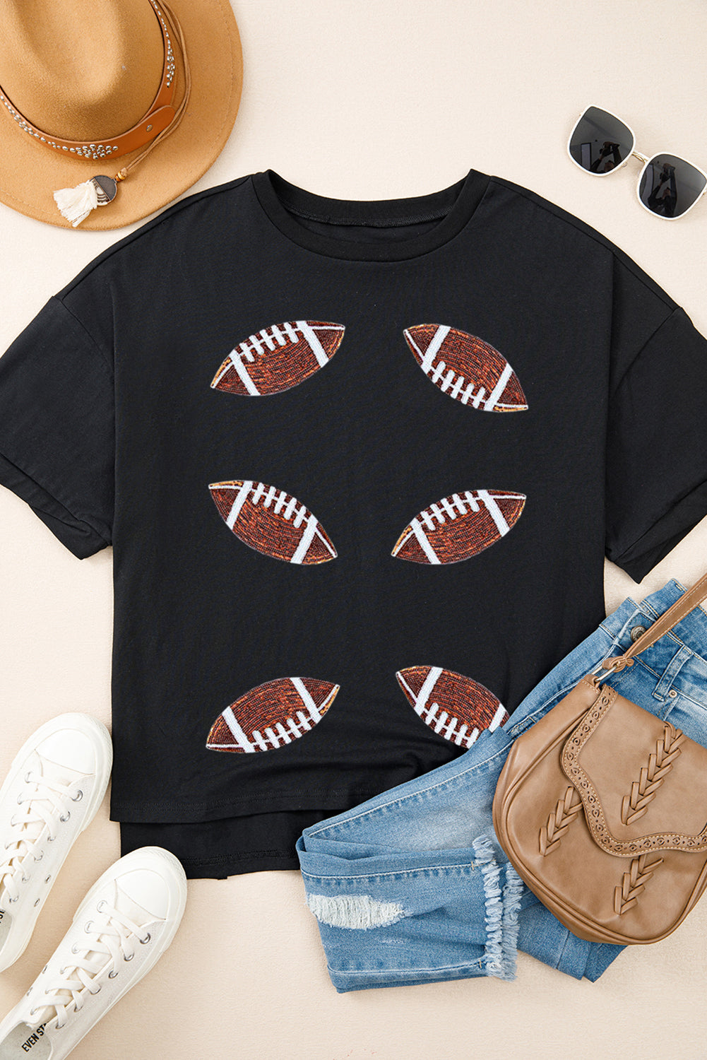 Black Sequin Football Crewneck T Shirt
