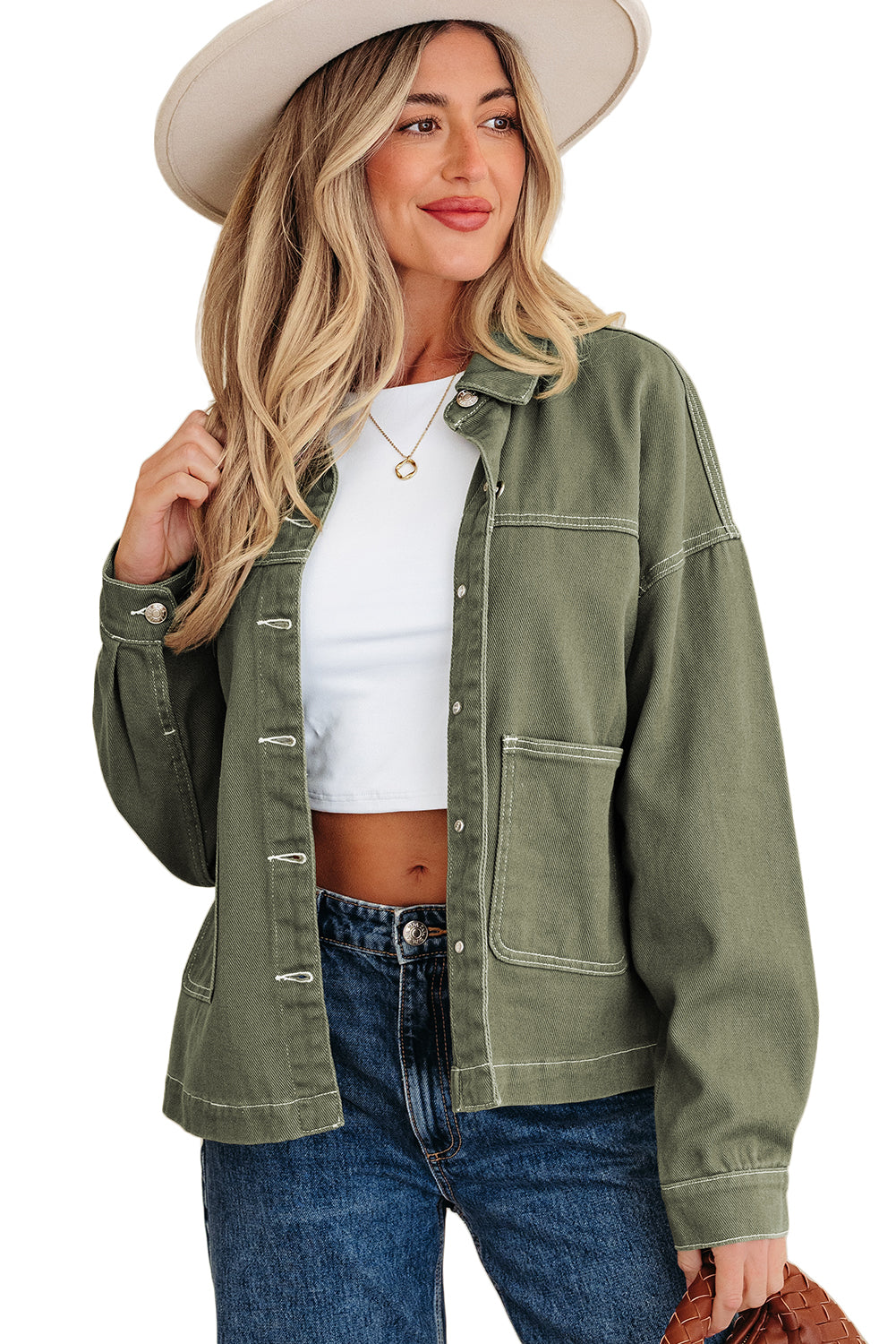 Faded Green Patched Boyfriend Denim Jacket