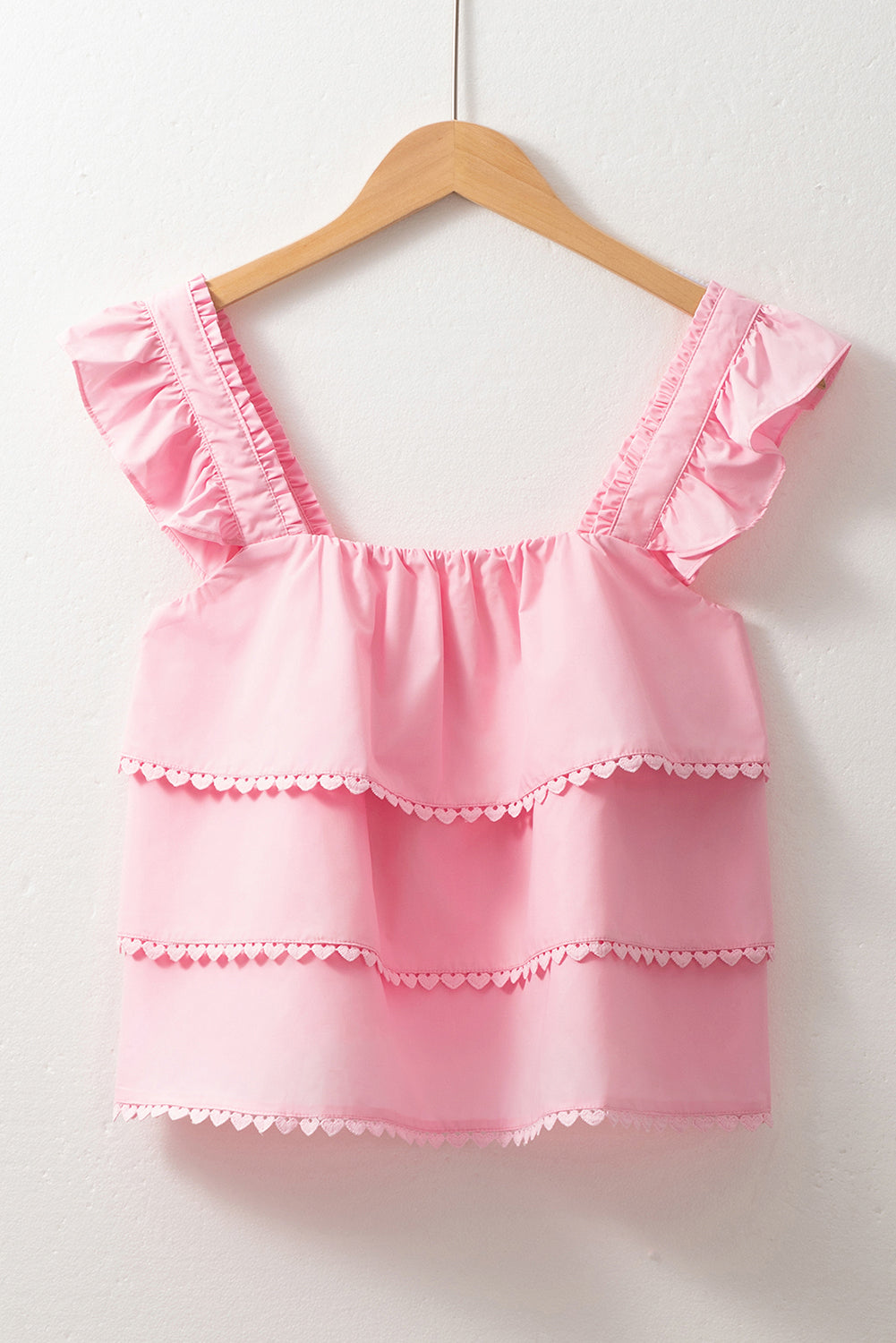 Pink Tiered Heart Trim Square Neck Top