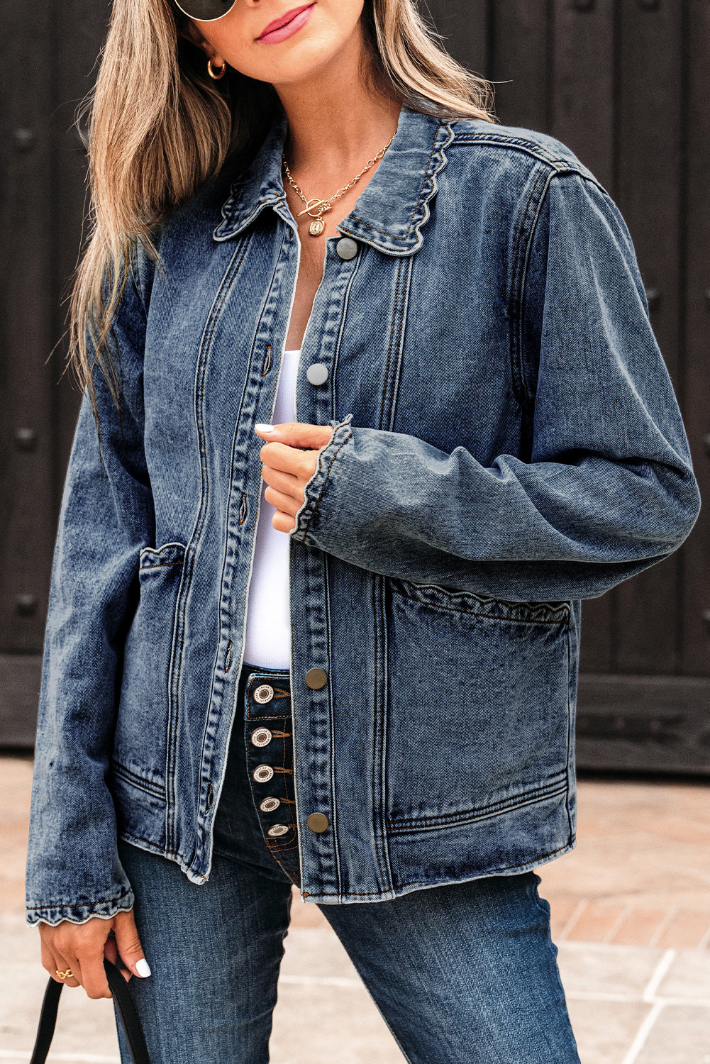 Scallop Trim Button Up Denim Jacket