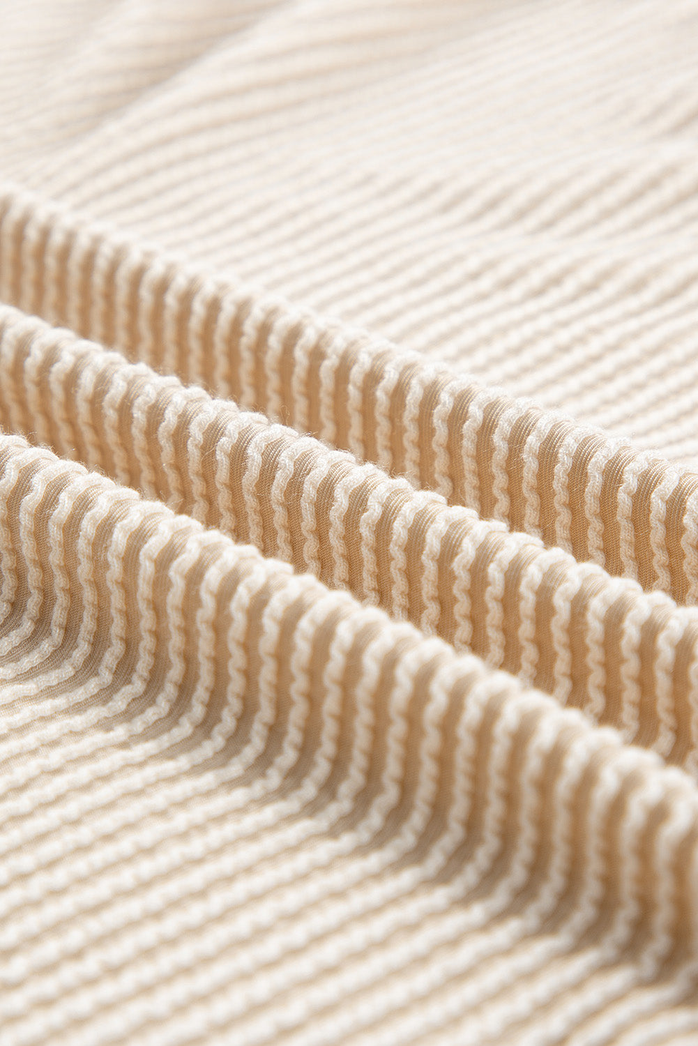 Beige Corded Knit Long Sleeve Top and High Waist Shorts Set