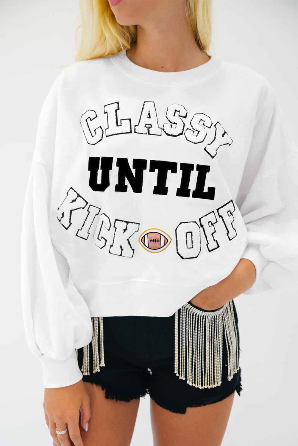White ‘CLASSY UNTIL KICKOFF’ Patched Sweatshirt