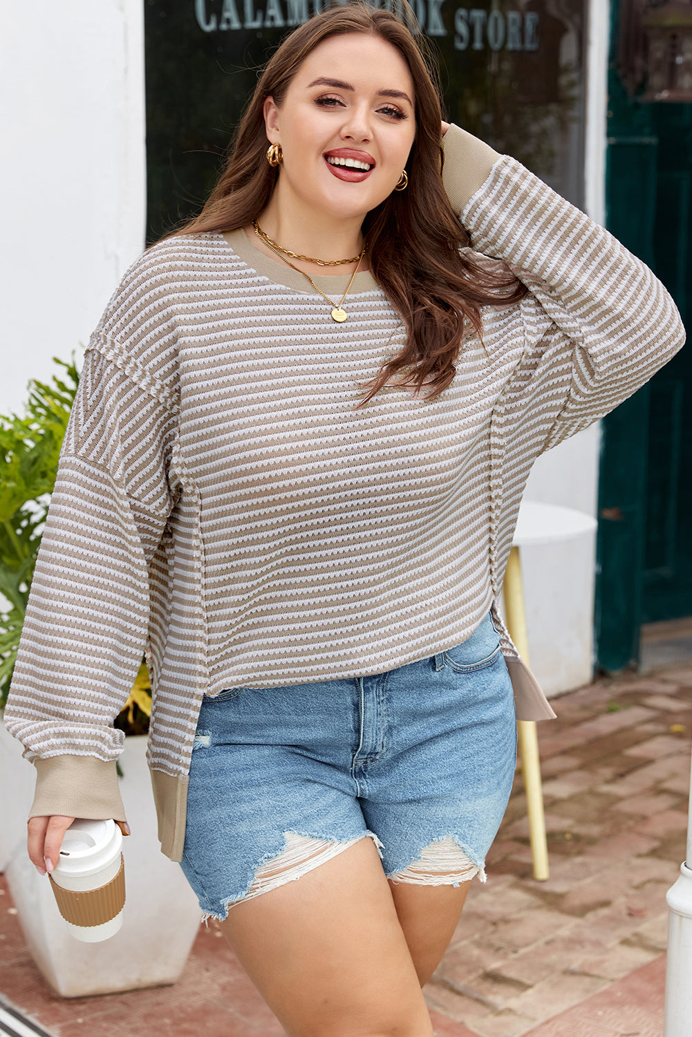 Brown Stripe Plus Size Ribbed Long Sleeve Top