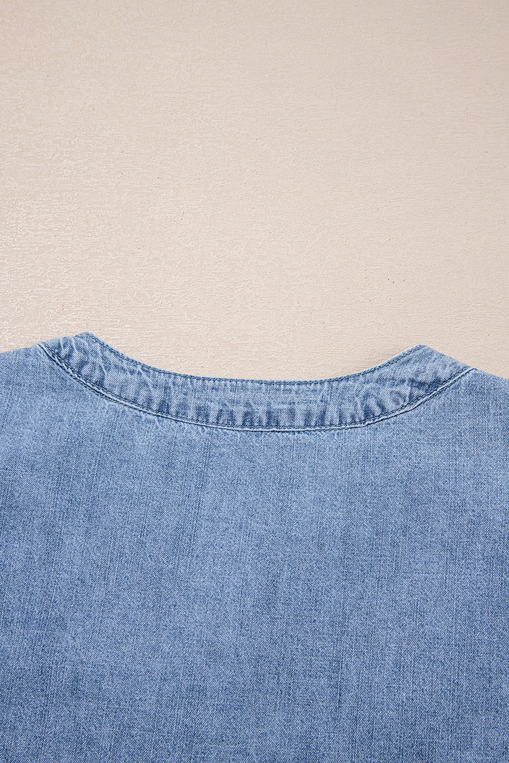 Denim Pintuck Pleats Puff Sleeve V Neck Top