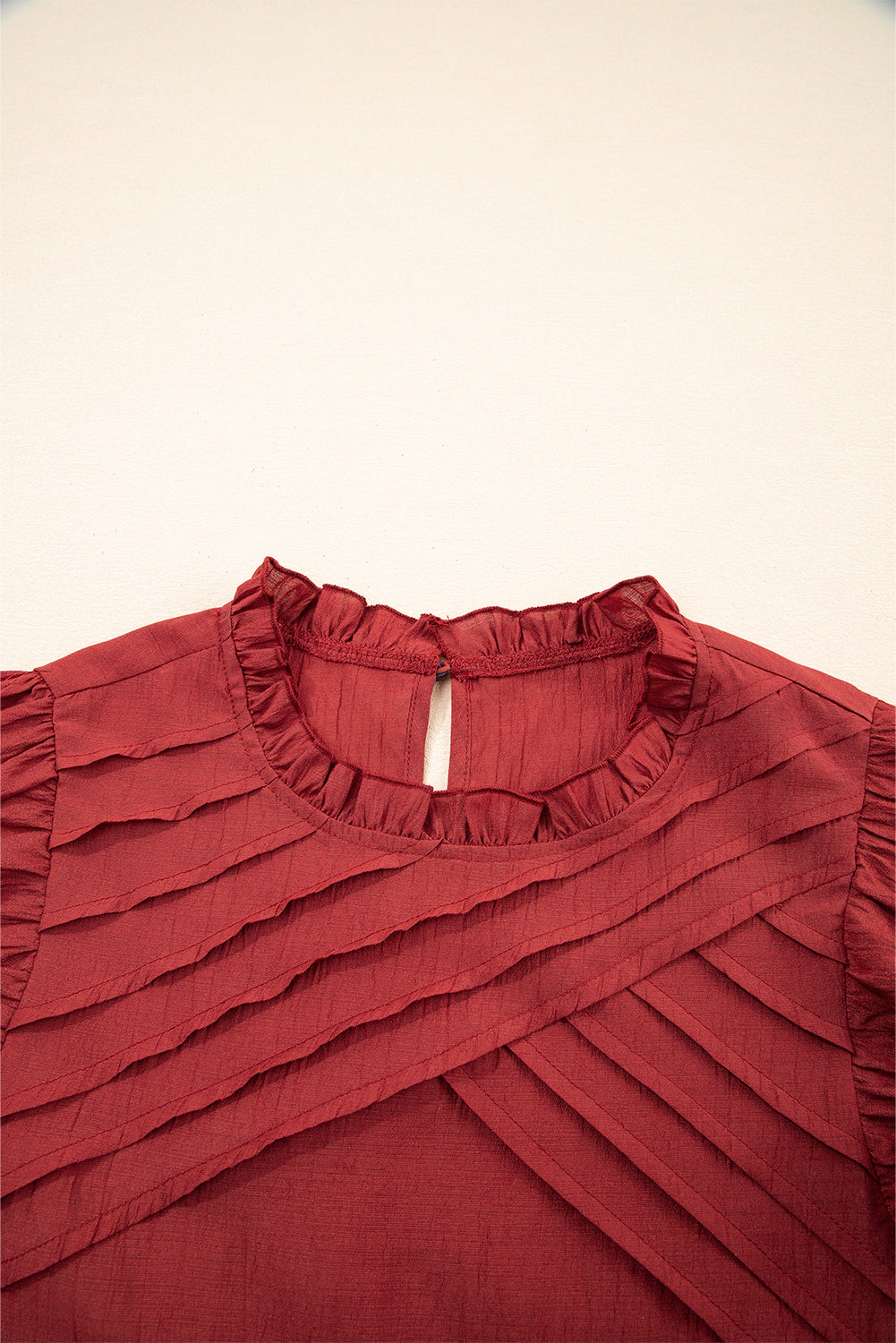 Red Pleated Ruffle Short Sleeve Blouse